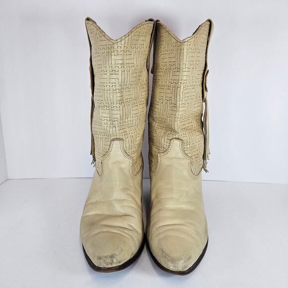 VINTAGE Cream Leather Laredo Basket Weave‎ Pattern Cowgirl Boots Size 6.5M - Picture 2 of 8